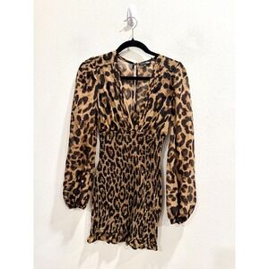 Fashion Nova Leopard Print Smocked Mini Dress XS Long Sleeve V Neck Ruched Waist
